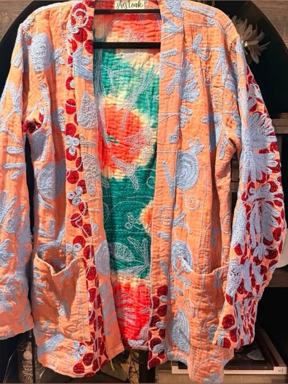 Hand-Embroidered Patchwork Jacket with Blue Accents